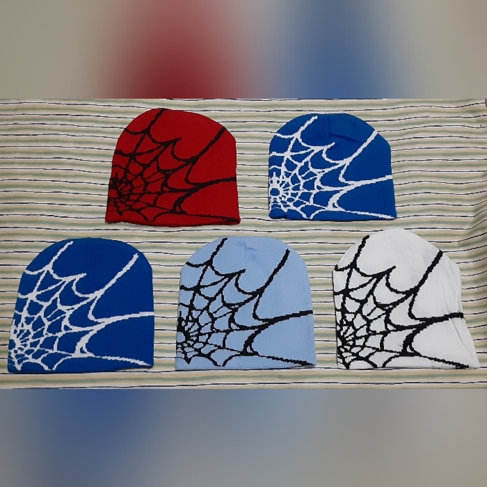 Unbranded 100% Acrylic Web Beanies, unisex, 2 blue, 1 light blue, 1 white, 1 red